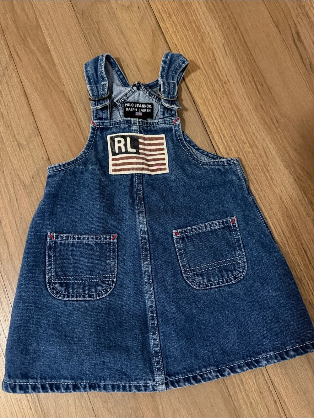 Ralph Lauren Dark Blue Denim Kids Overalls Dress with Patch